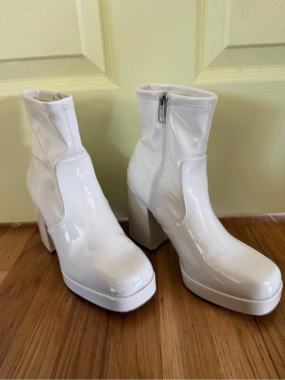 Steve Madden Vintage White Patent Platform Block Heel Ankle Boots - Women